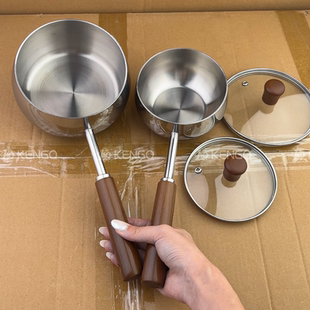 【出口德国】316不锈钢泼油锅胡桃木长柄烧油浇淋油锅迷你小煮锅