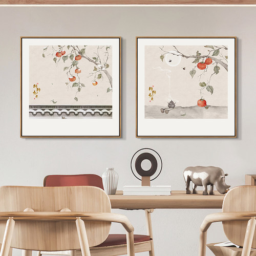 柿柿如意新中式餐厅装饰画果蔬饭厅正方形客厅背景墙壁画茶室挂画