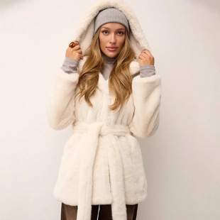 跨境冬季仿水貂毛皮草外套中长款连帽系腰带人造毛环保毛毛大衣女