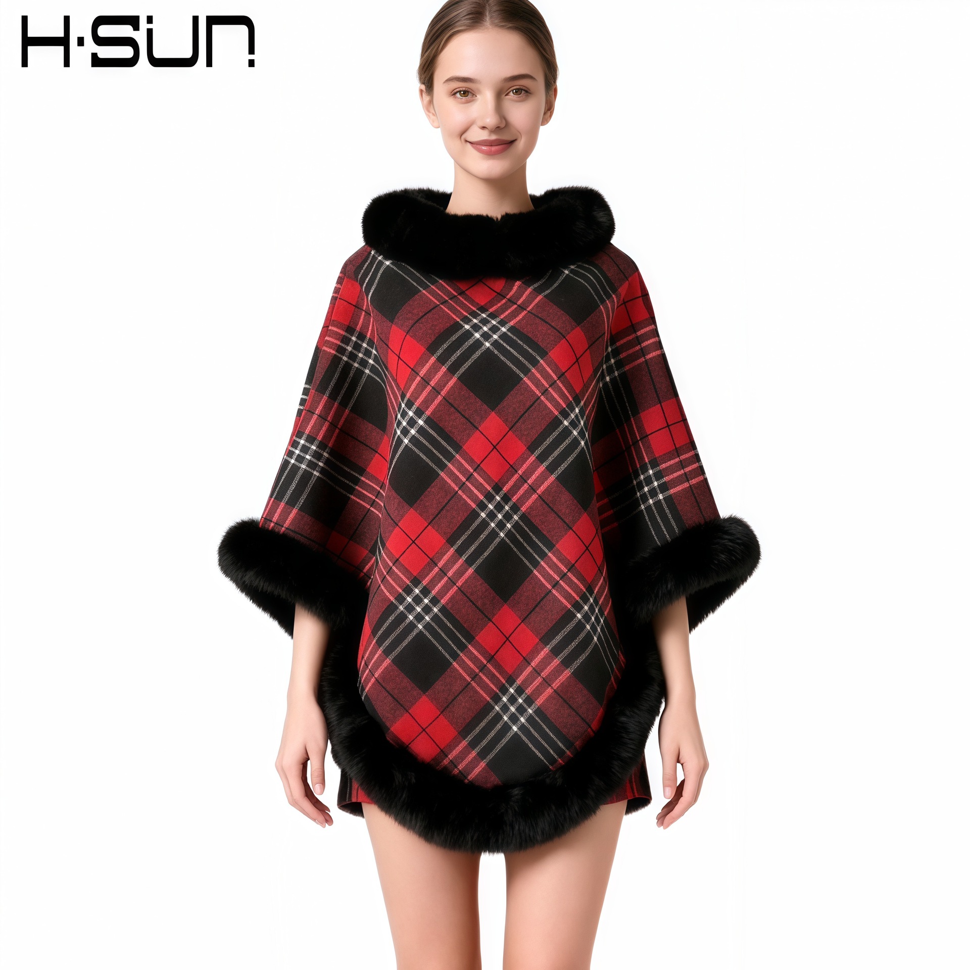 2025显瘦仿皮草女新款圆领格子无袖欧美外套女加绒獭兔毛披肩气质