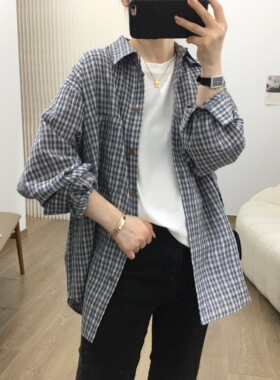 细米定制慵懒复古风蓝色格纹休闲衬衣外套女落肩宽松长袖衬衫上衣