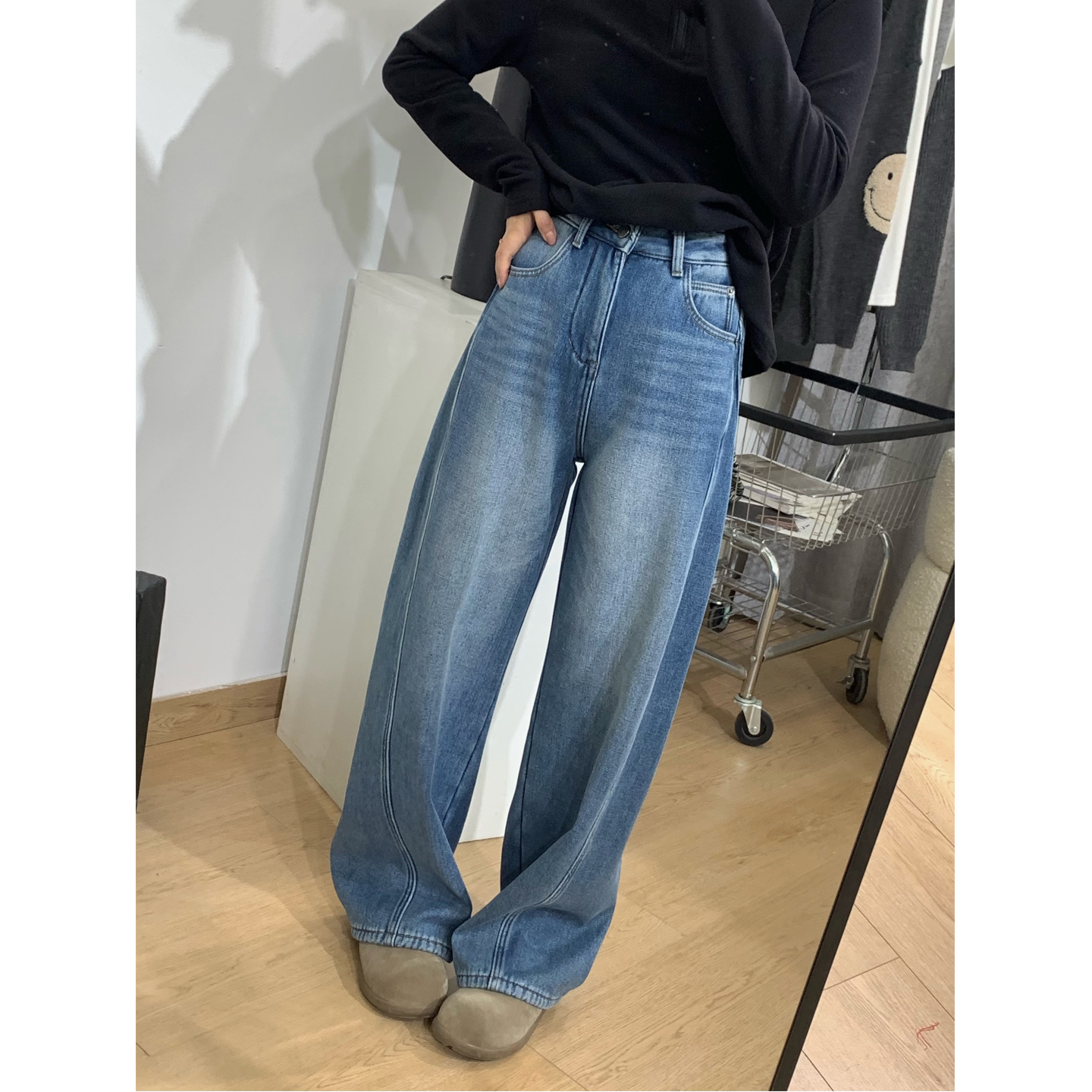 高腰保暖舒适绒加厚牛仔裤