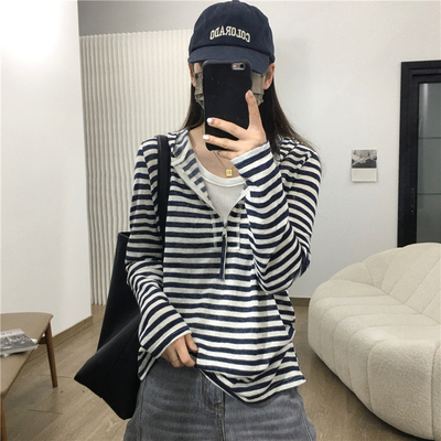 长袖条纹拉链半开领帽衫