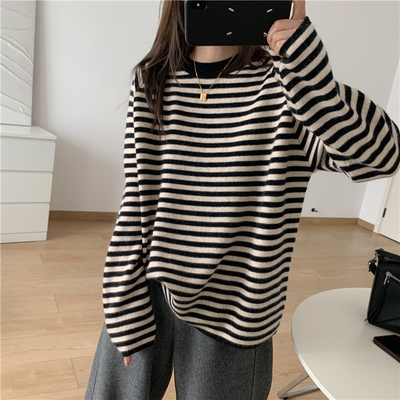 羊绒兔绒复古条纹针织打底衫