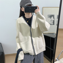 细米定制~绒绒毛感撞色V领假两件针织开衫女加厚宽松显瘦毛衣外套