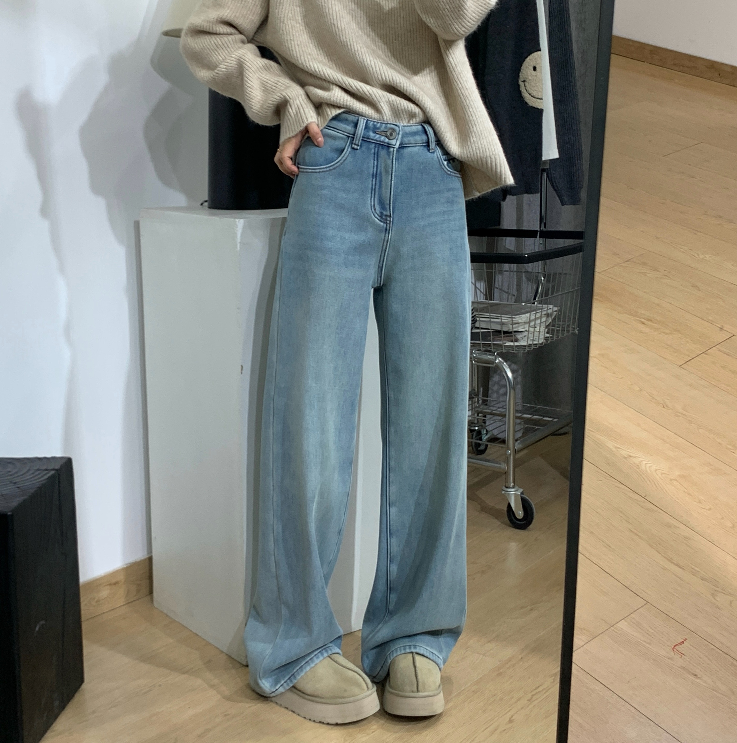 高腰弹力加绒休闲牛仔裤