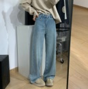 宽松百搭加厚直筒阔腿裤 细米定制大长腿弹力刺绣加绒牛仔裤 女冬季