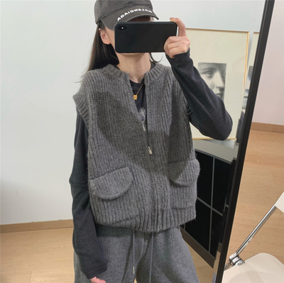 拉链针织开衫圆领毛衣马甲