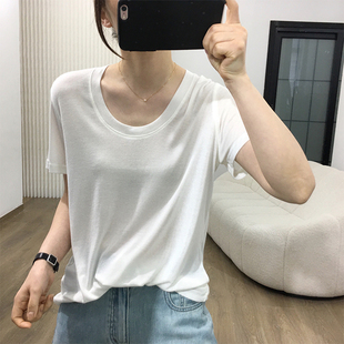 轻薄柔软莱赛尔短袖 细米定制 绵羊毛U领简约宽松百搭T恤女夏上衣
