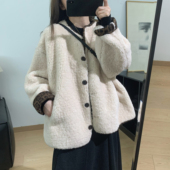 细米定制设计感豹纹撞色羊羔毛外套秋冬宽松皮毛一体加厚保暖上衣