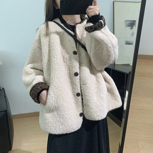 细米定制设计感豹纹撞色羊羔毛外套秋冬宽松皮毛一体加厚保暖上衣