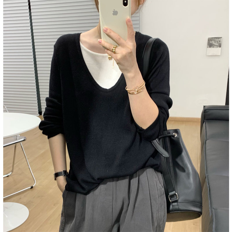 春秋新设计感撞色宽松显瘦假两件