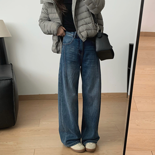 细米定制加绒不臃肿拼缝设计加厚直筒牛仔裤女秋冬保暖显瘦阔腿裤