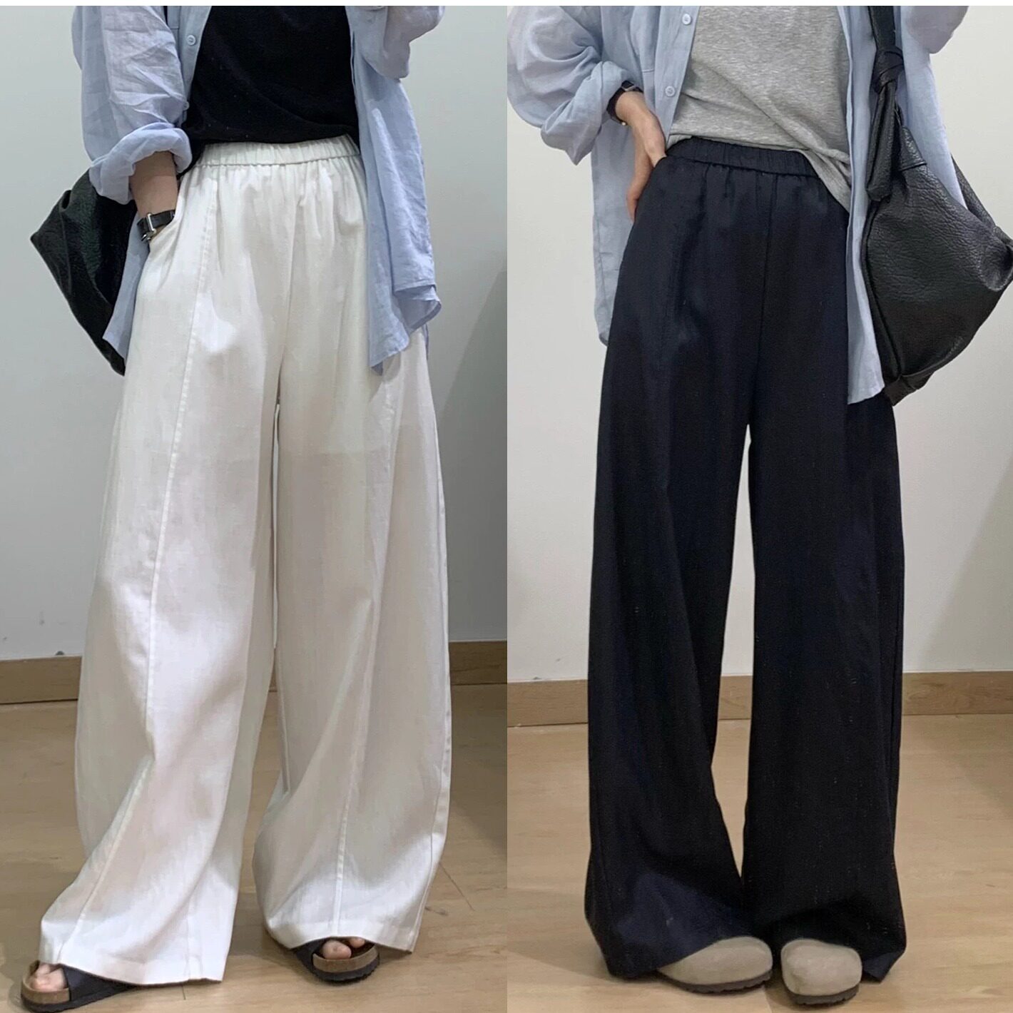 细米定制 亚麻肌理感松弛风天丝高腰阔腿裤女松紧腰显瘦直筒长裤