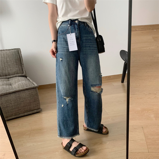 细米定制九分破洞牛仔裤 女夏季 薄款 凉感莱赛尔天丝宽松阔腿直筒裤