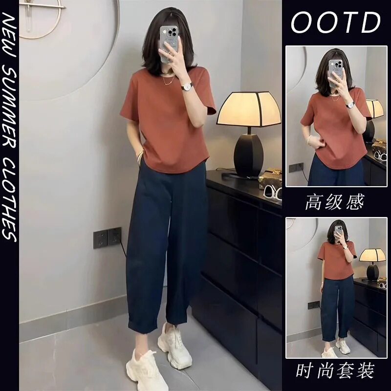 小个子盐系穿搭休闲套装女夏天纯棉t恤短袖上衣搭配九分裤两件套