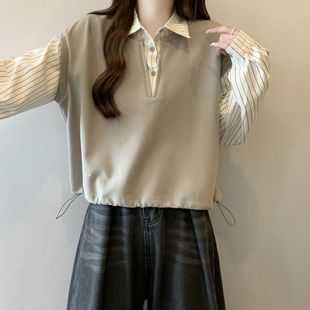 大码胖mm假两件短款衬衫女2025秋新款设计感卫衣外套高气质上衣