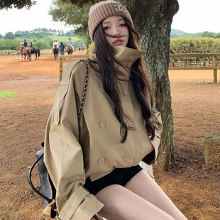 卡其色立领短款风衣女2025新款秋季小个子高级感双排扣英伦风外套