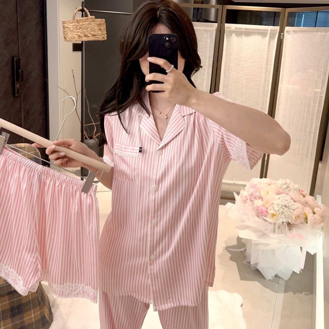 三件套睡衣女夏冰丝绸甜美少女感条纹蕾丝家居服短袖长裤短裤薄款