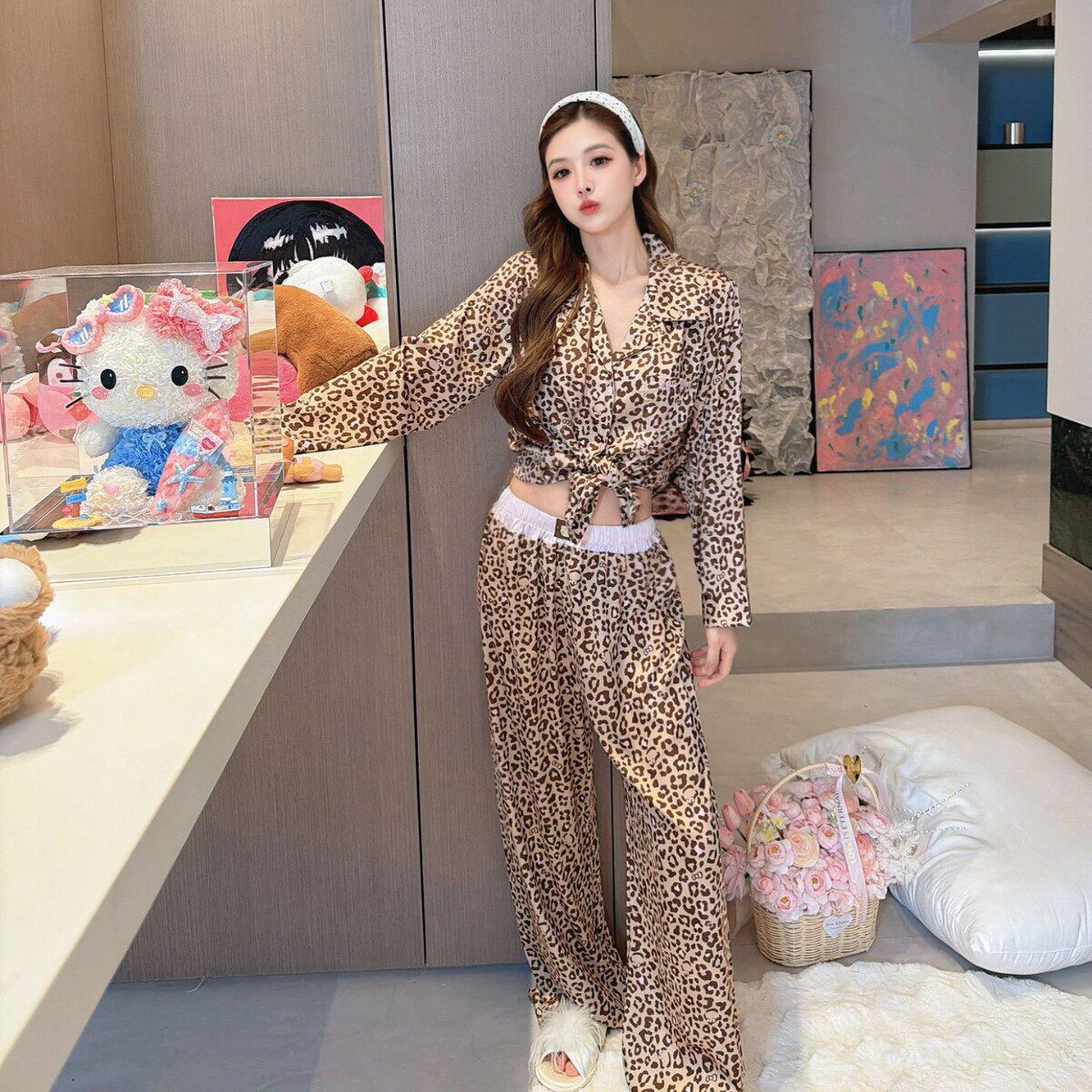 豹纹睡衣女春秋冰丝绸高级感薄款印花长袖阔腿裤套装可外穿居家服