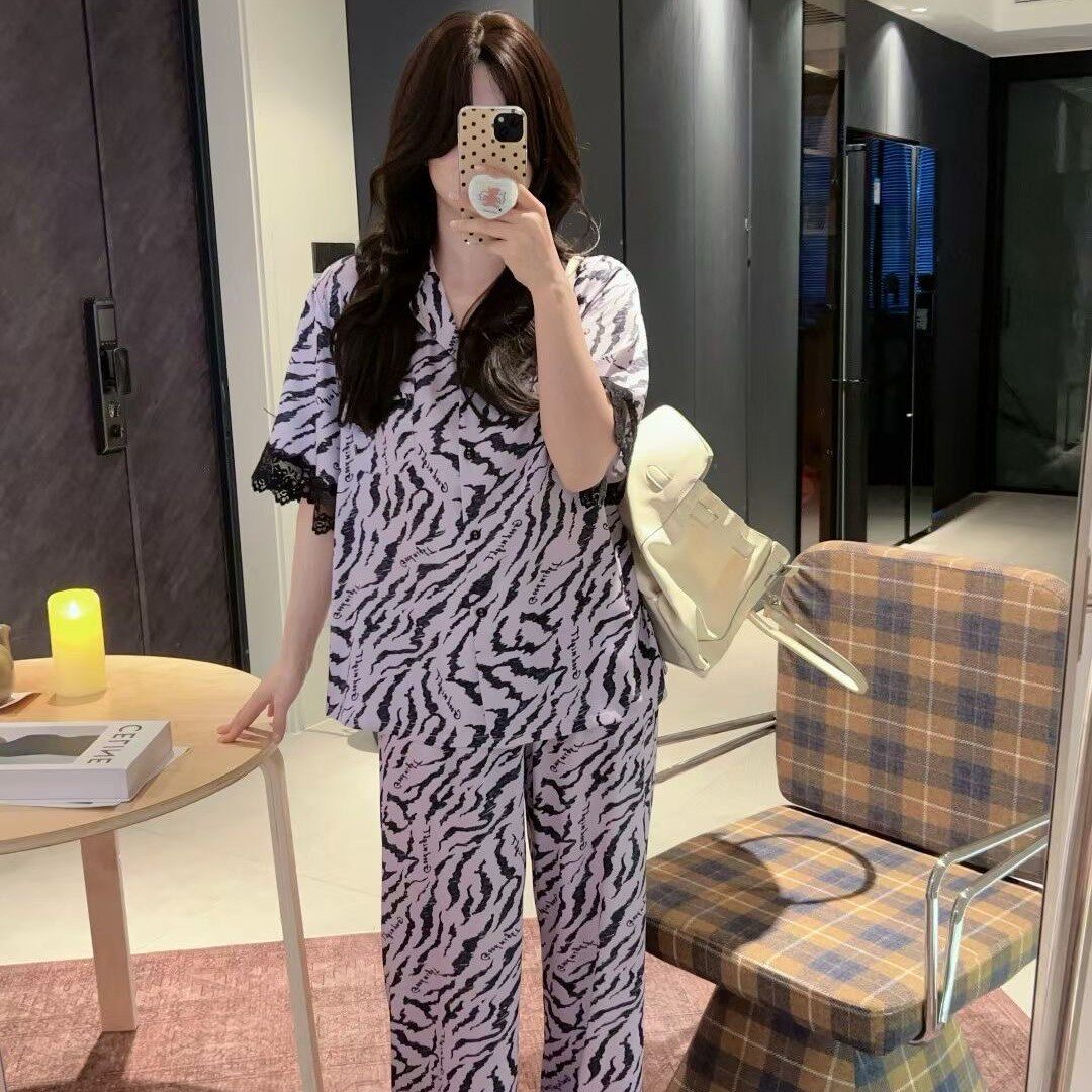 斑马纹睡衣女夏季短袖长裤开衫套装印花时尚轻奢冰丝绸外穿家居服