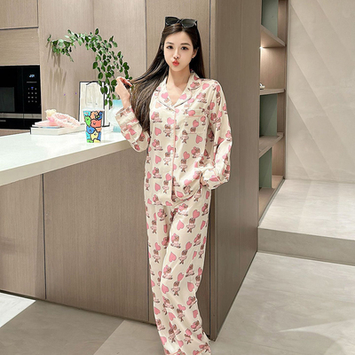 小熊睡衣女春秋冰丝绸长袖长裤套装印花开衫甜美可外穿薄款家居服