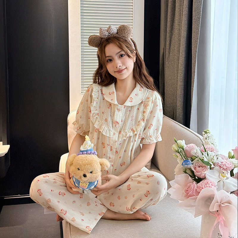 棉纱睡衣女夏季短袖长裤套装时尚荷叶边外穿素口娃娃领甜美家居服