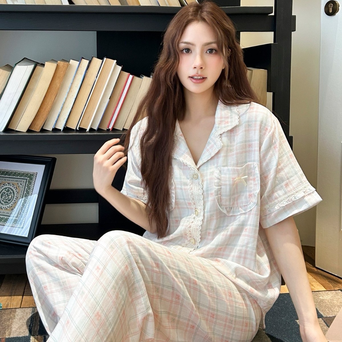 ins风纯棉纱睡衣女夏可爱甜美格子短袖长裤开衫家居服可外穿套装