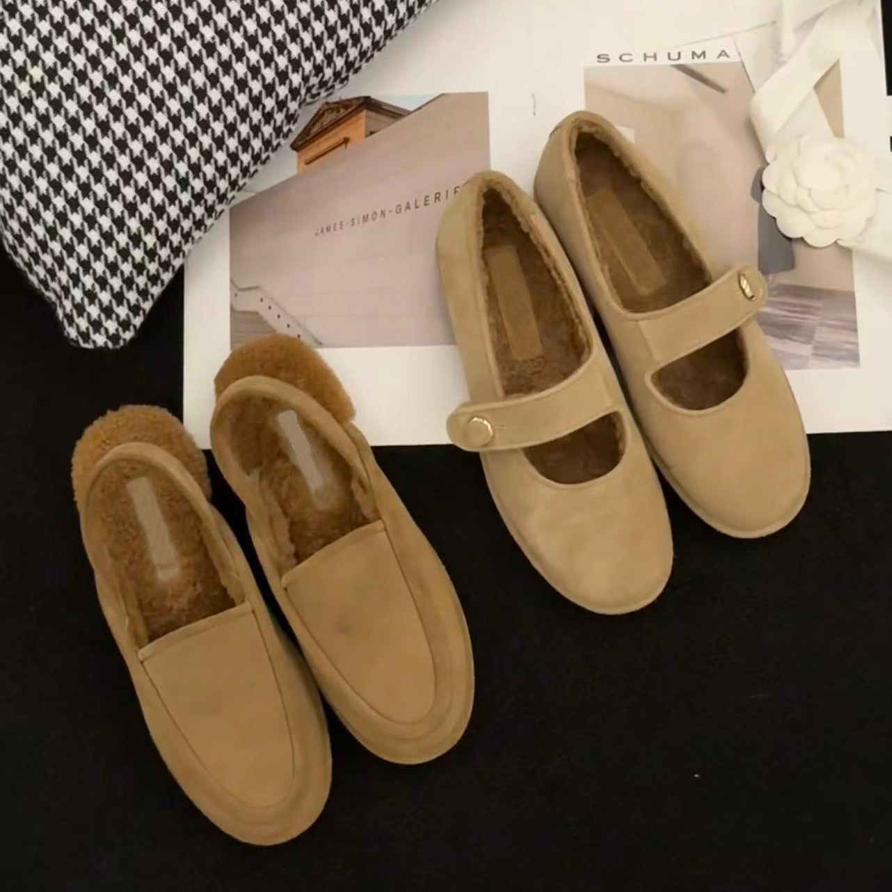 小香风  25B麂皮复古羊羔毛玛丽珍鞋泰迪熊平底乐福半托鞋女