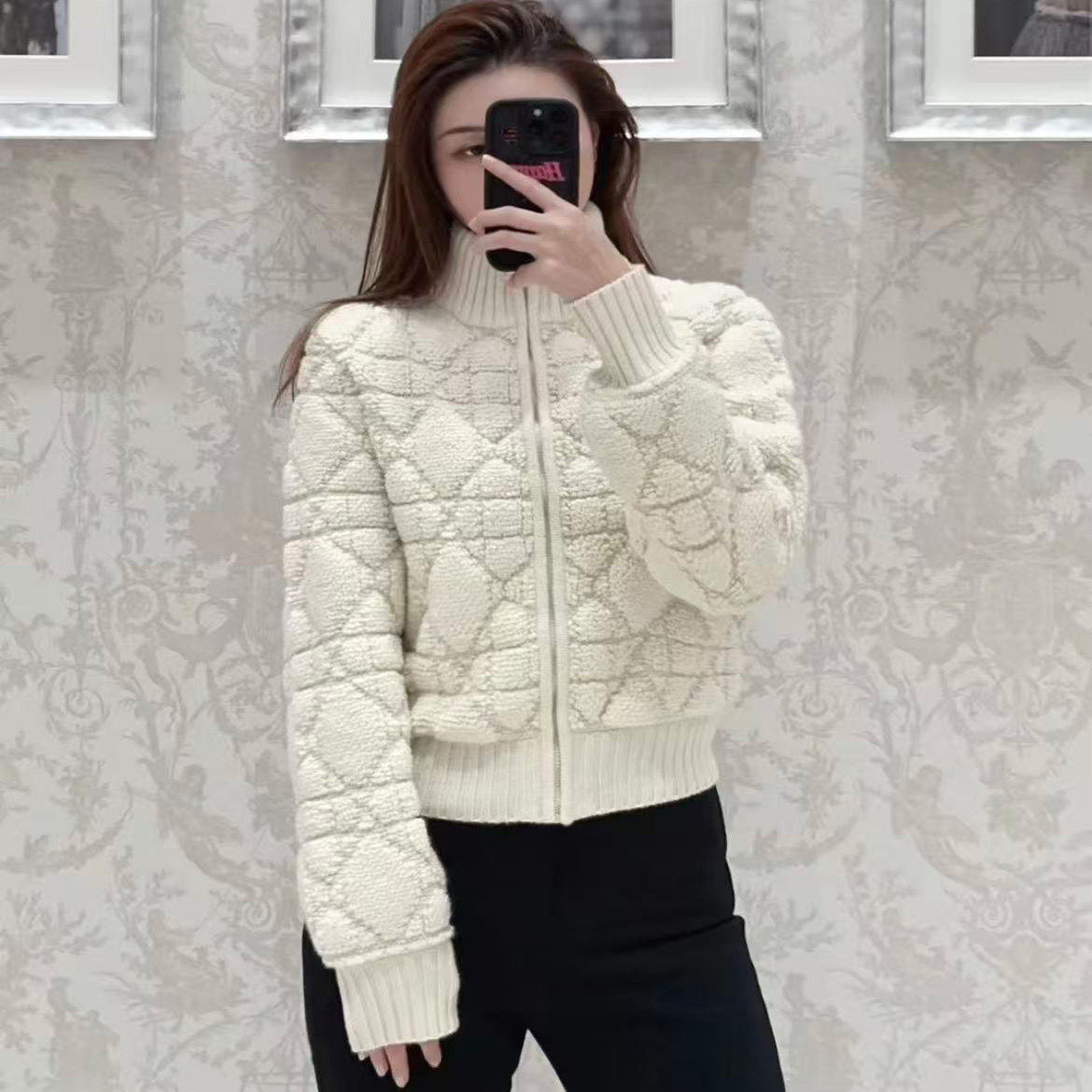 ZG级牛货 必入款 羊毛混纺藤格纹立领拉链经典款针织短外套毛衣女