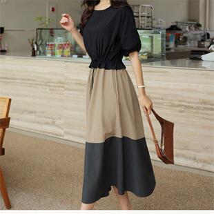 韩版 拼色洋装 大尺码 圆领中袖 收腰调节腰假两件胖MM中长裙 时尚 秋季