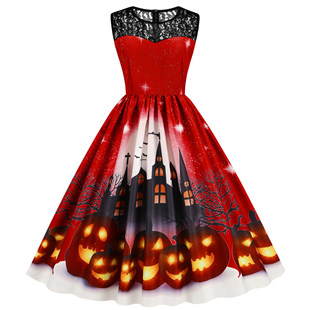 欧美万圣节圆领蕾丝拼接南瓜卡通印花修身 大摆连衣裙女DRESS 无袖