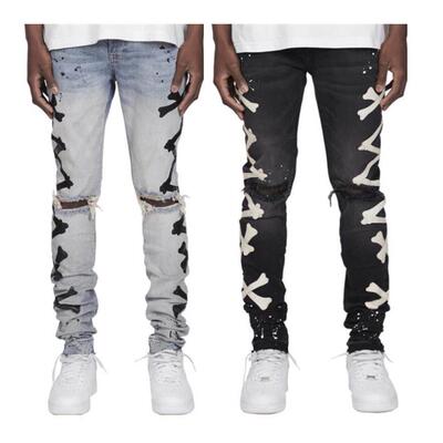 欧美男士破洞印花弹力嘻