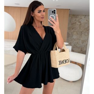 新款 热裤 灰色V领松紧腰连肩短袖 短裤 Jumpsuits 阔腿连身裤 欧美夏季