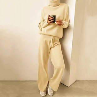 Winter piece suit 女 two knit pants sweater turtleneck women
