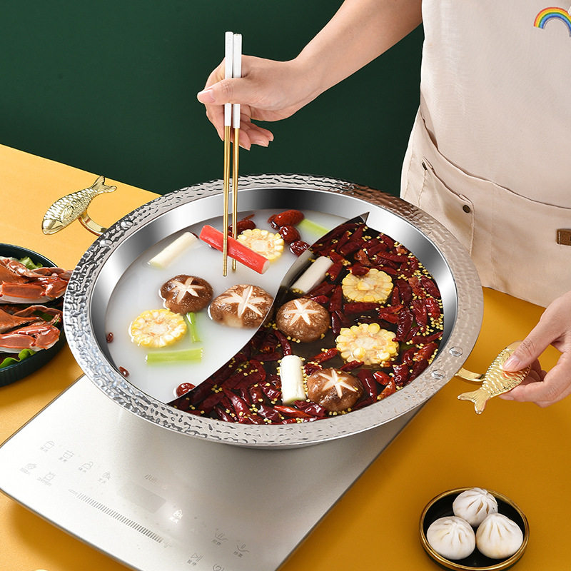 德诺顿304不锈钢鱼耳锤纹鸳鸯锅商用电磁炉专用火锅大容量二味锅,厨房/烹饪用具,火锅,淘宝优惠券,粉丝福利购,淘宝优惠卷