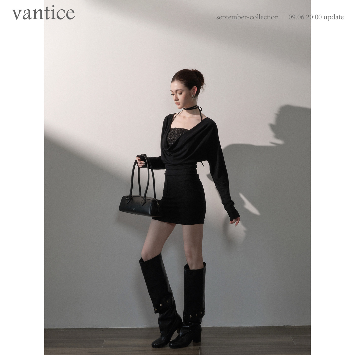 vantice 静奢感气质真两件套装亮片抹胸荡领弹力针织包臀连衣裙子图片