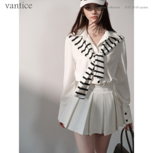 vantice 法式老钱风条纹披肩两件套装衬衫裙高智感通勤长袖连衣裙