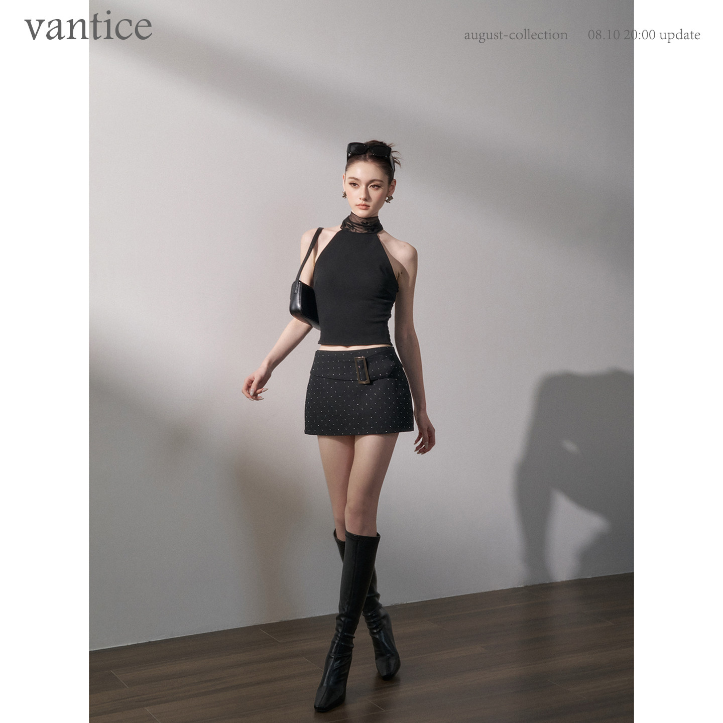 vantice 时髦高级感轻奢满钻修身显瘦辣妹黑色腰带短款防走光半裙