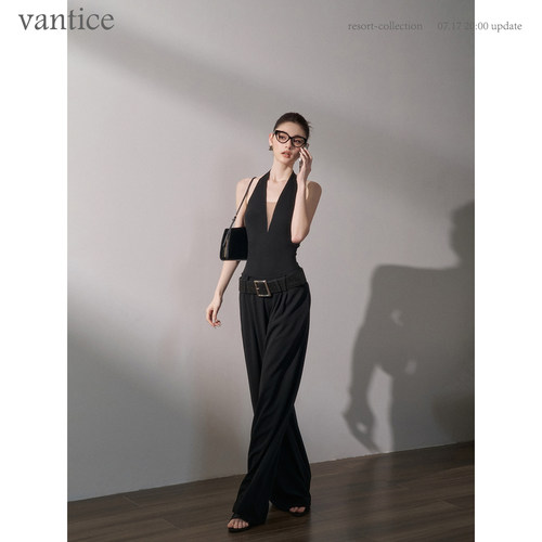 vantice 高级感时髦气质挂脖深V领无袖连体裤黑色腰带阔腿长裤子