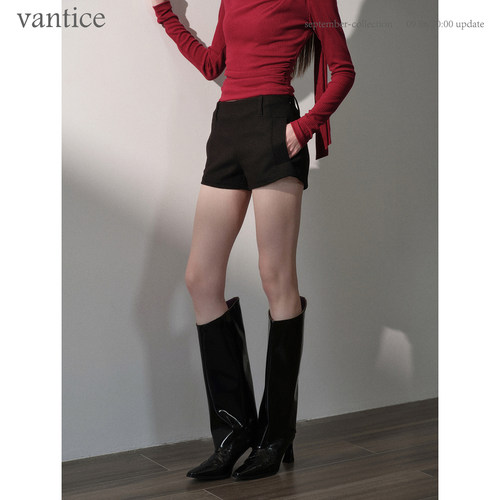 vantice 简约百搭显瘦黑色加厚休闲裤子中低腰外穿包臀毛呢子短裤