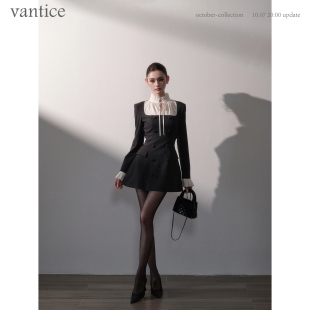 vantice 法式黑白赫本风西装裙气质约会生日千金显瘦长袖连衣裙子