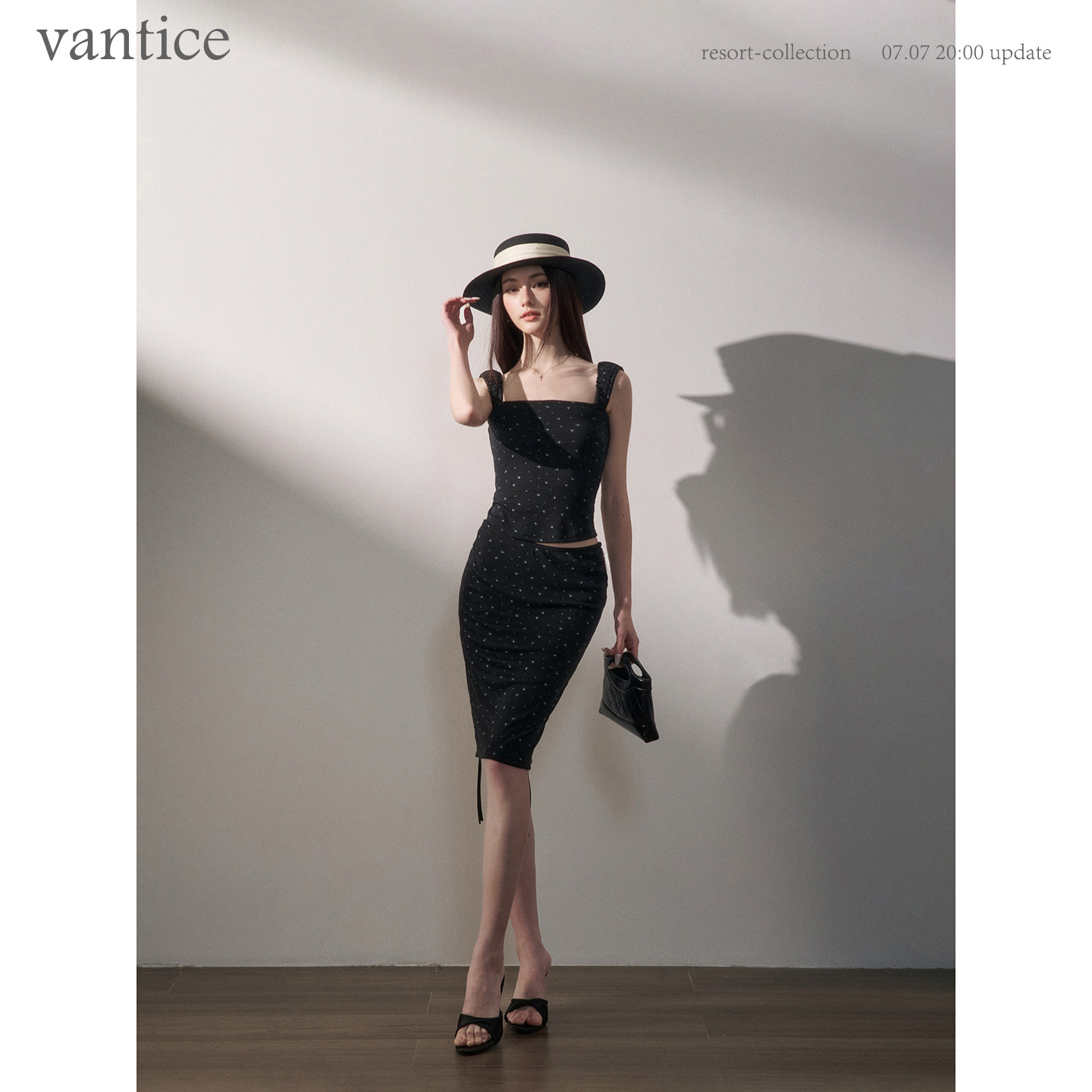 vantice 法式复古度假田园碎花吊带上衣包臀短裙弹力针织两件套装