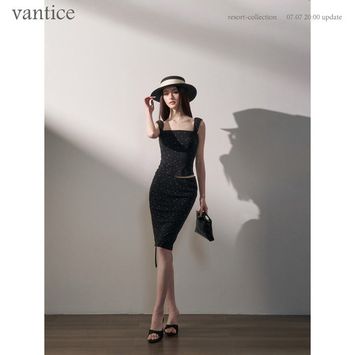 vantice 法式复古度假田园碎花吊带上衣包臀短裙弹力针织两件套装