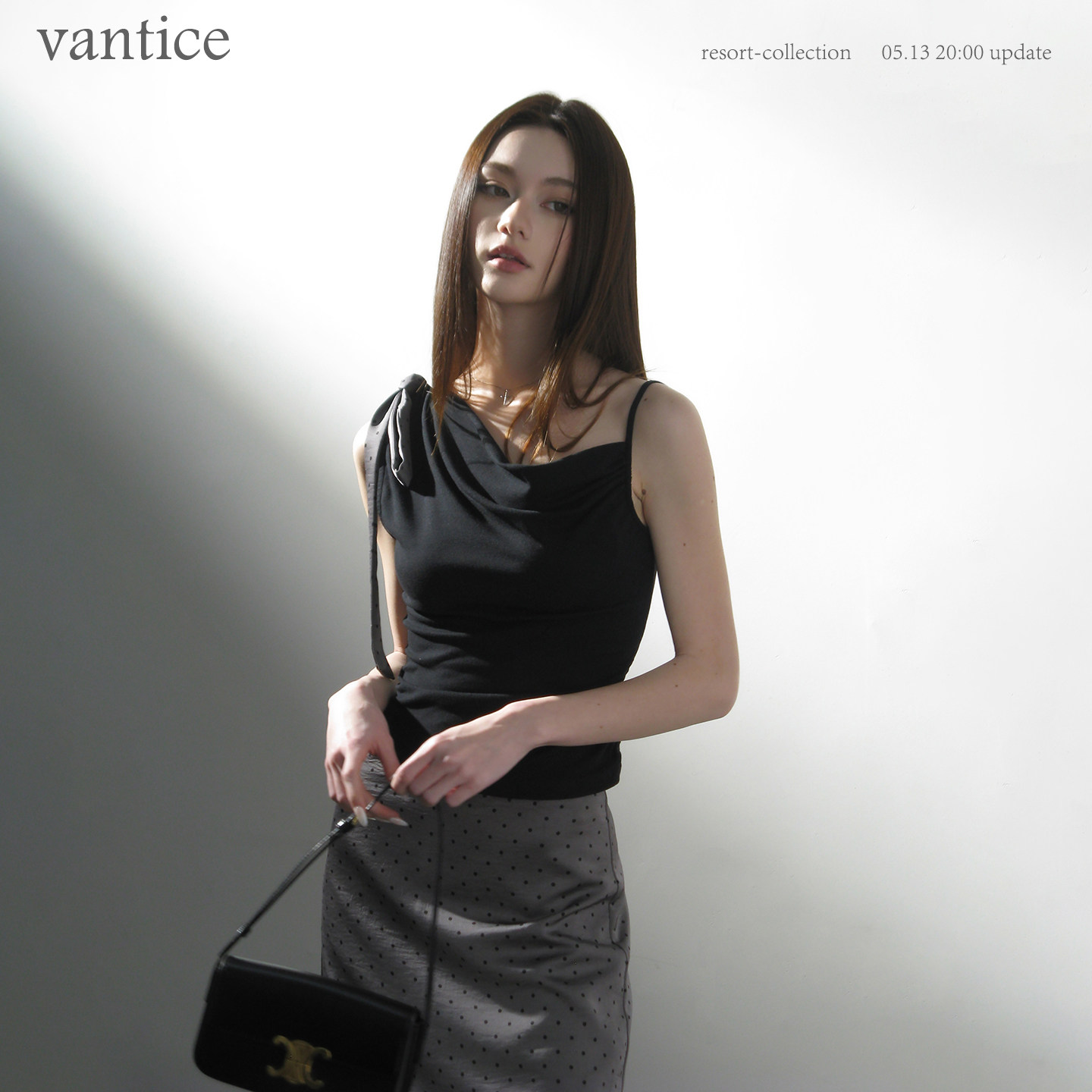 vantice 复古优雅斜肩吊带短款上衣波点中低腰半裙一步裙两件套装