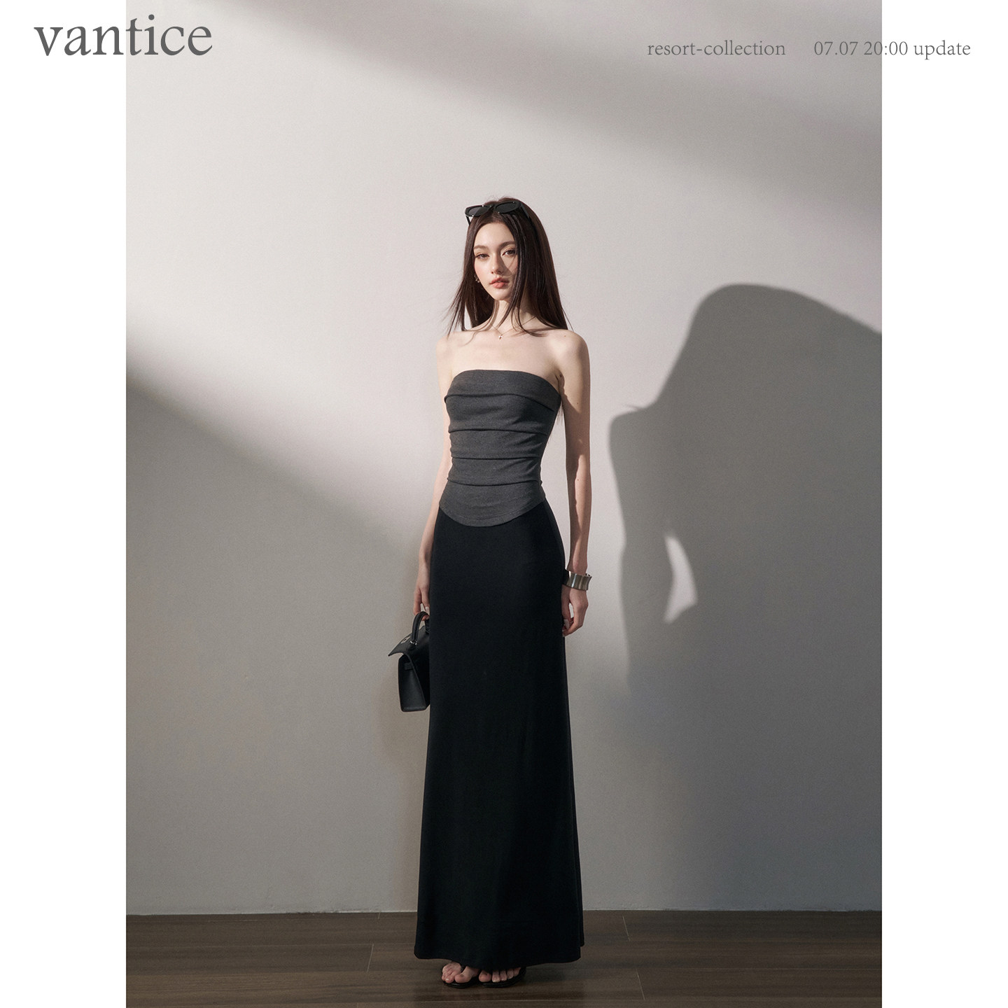 vantice 高级感气质轻奢抹胸A字长裙弹力针织假两件长款连衣裙子