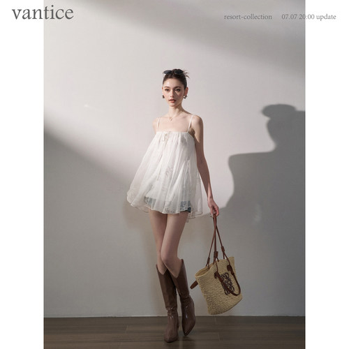 vantice 韩系甜美温柔气质肌理感雪纺上衣波浪摆宽松显瘦A字吊带