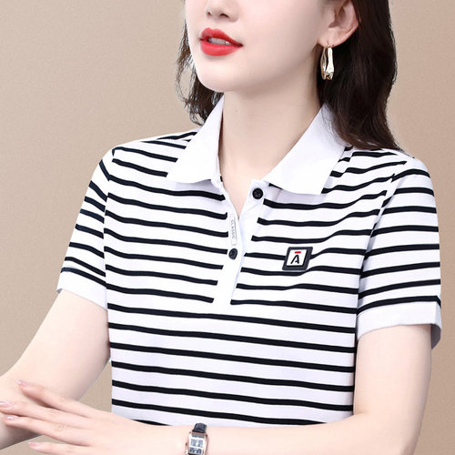黑白条纹短袖t恤女polo衫