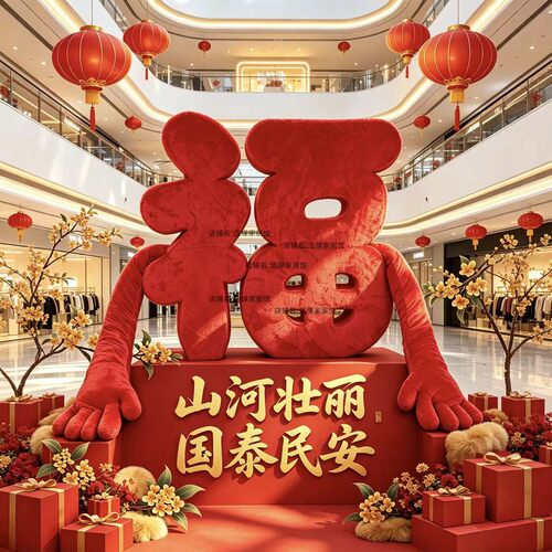 红色毛绒福字雕塑带手臂美陈