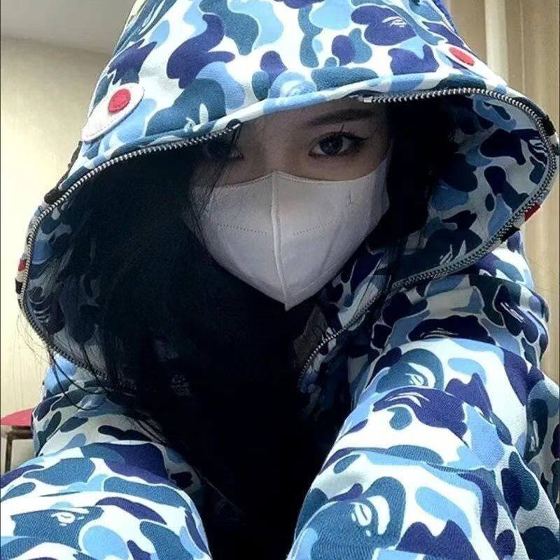 卫衣双帽穿件宽松外套男女搭彩2拉链卡通同款ootd/1鲨鱼帽衫